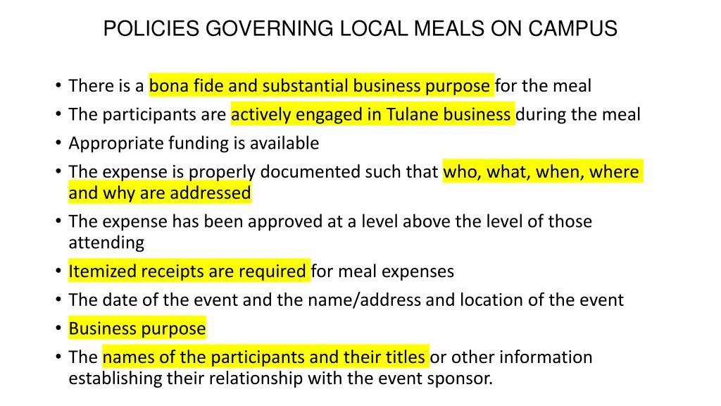 policies governing local meals on campus