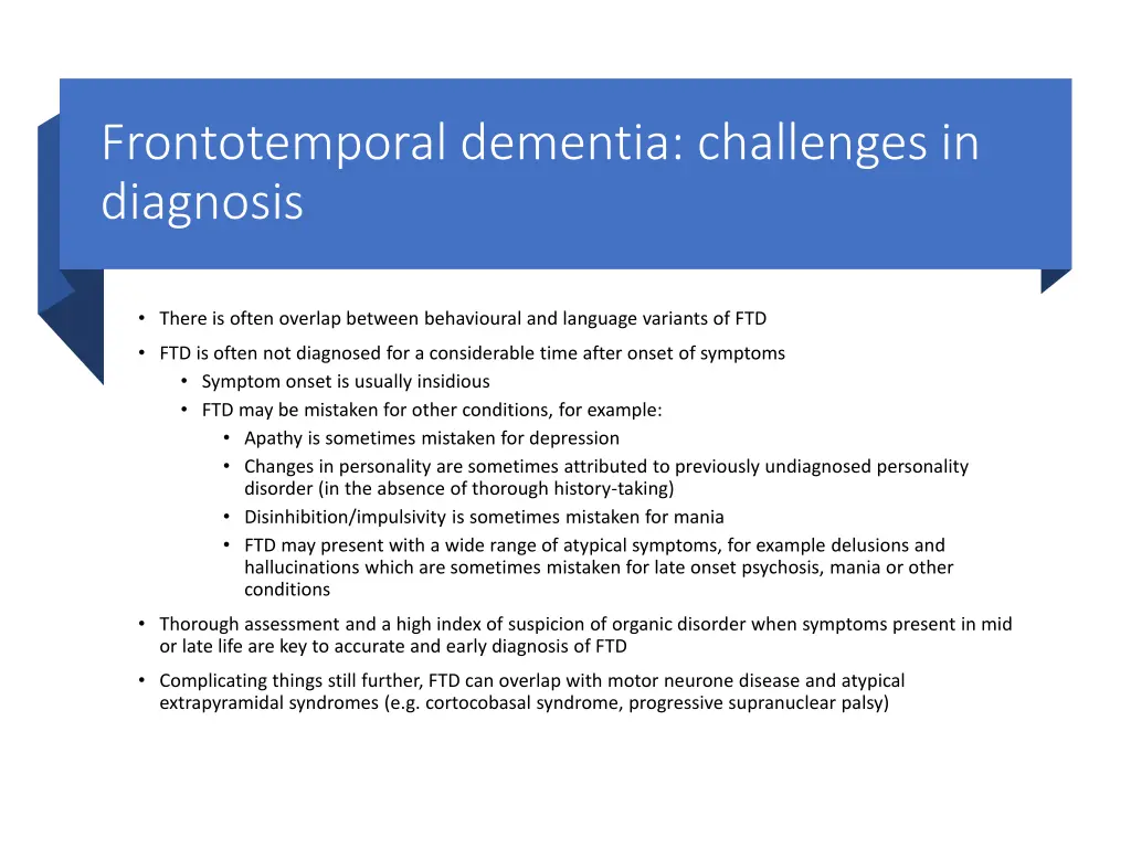 frontotemporal dementia challenges in diagnosis