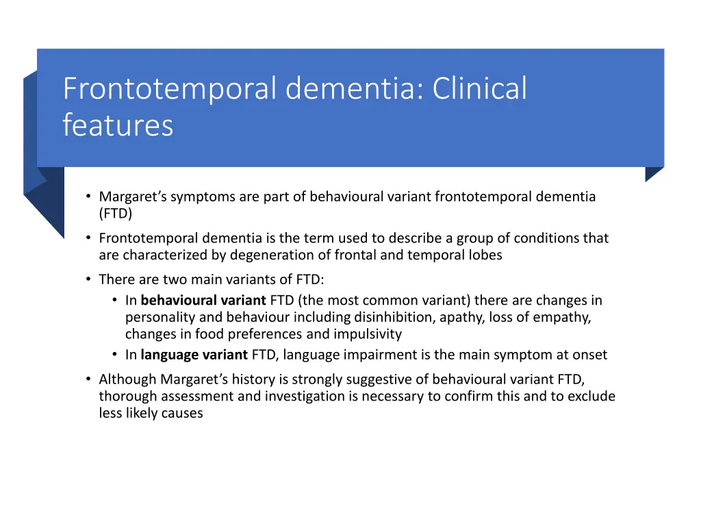 frontotemporal dementia clinical features