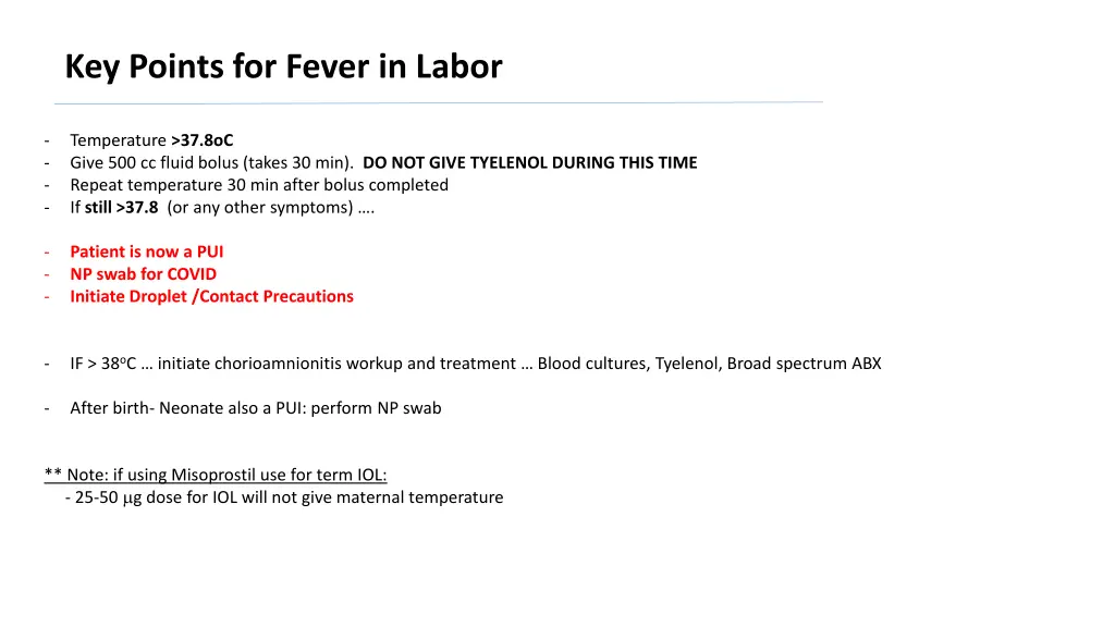 key points for fever in labor