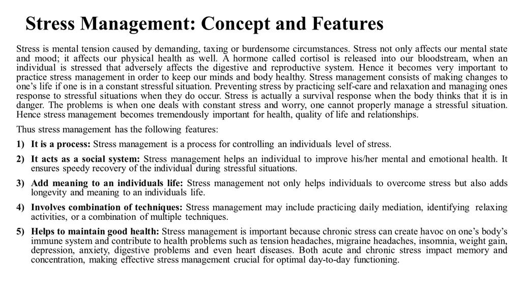 stress management concept and features