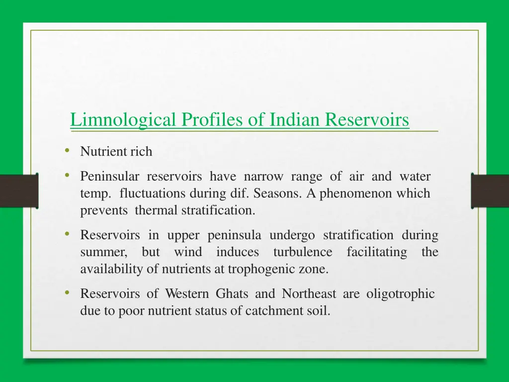 limnological profiles of indian reservoirs