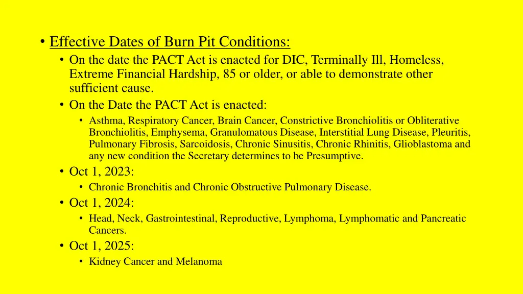 effective dates of burn pit conditions