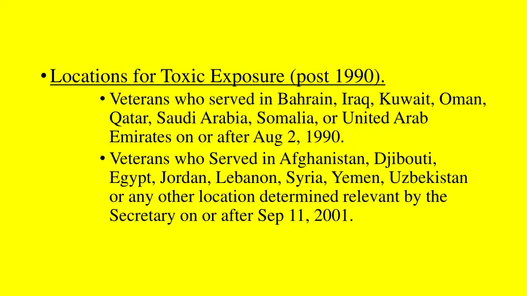 locations for toxic exposure post 1990 veterans