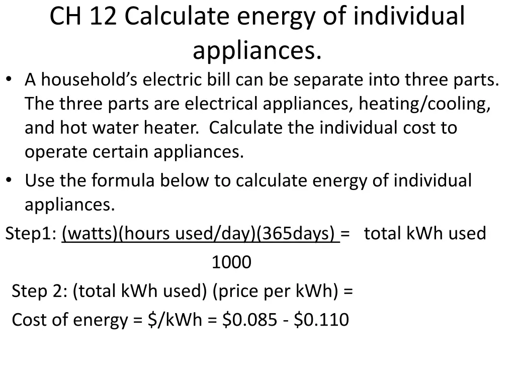 ch 12 calculate energy of individual appliances