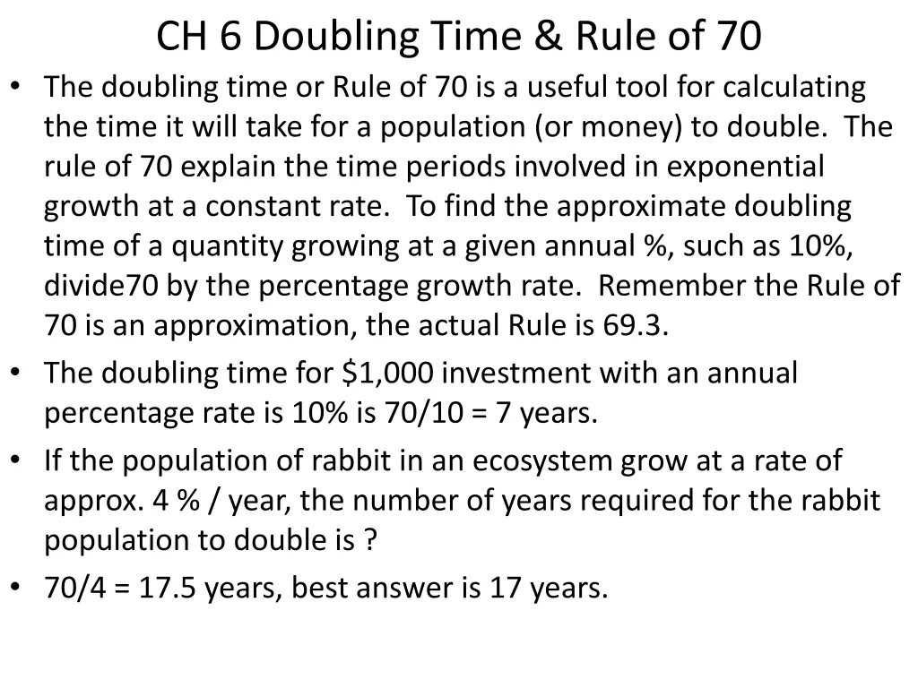 ch 6 doubling time rule of 70 the doubling time