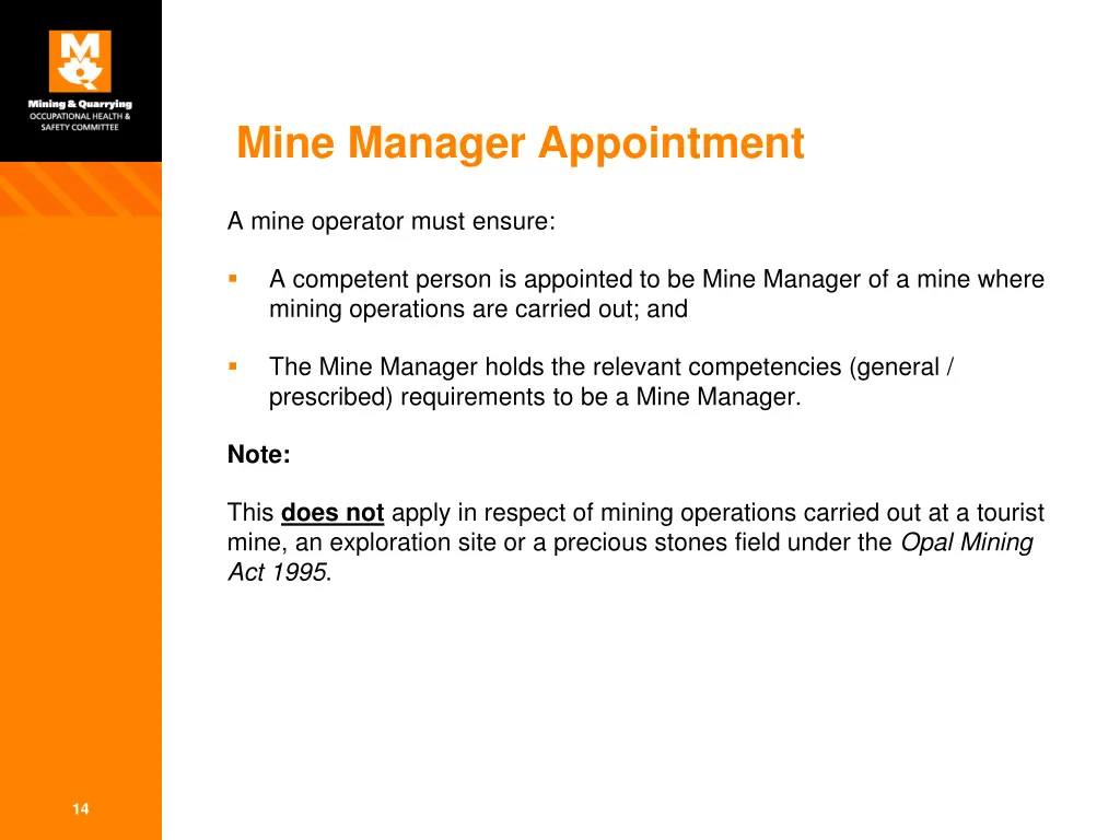 mine manager appointment