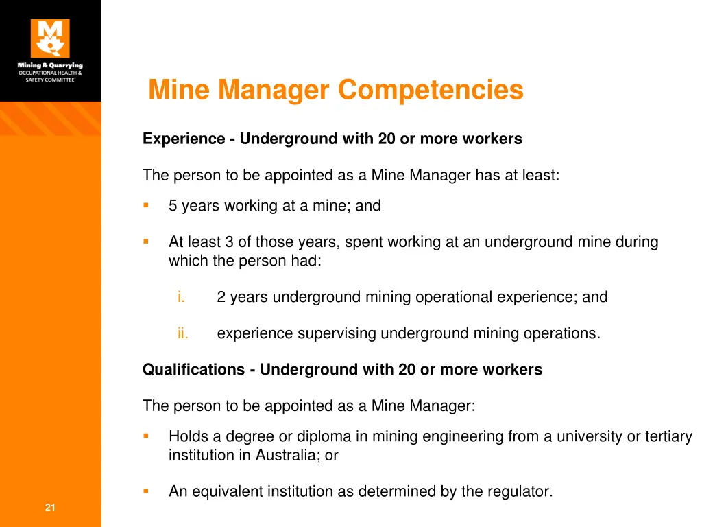 mine manager competencies 5