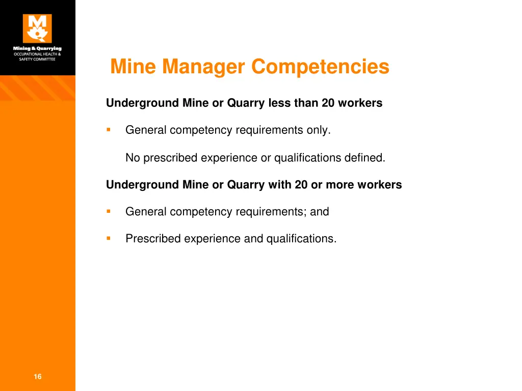 mine manager competencies