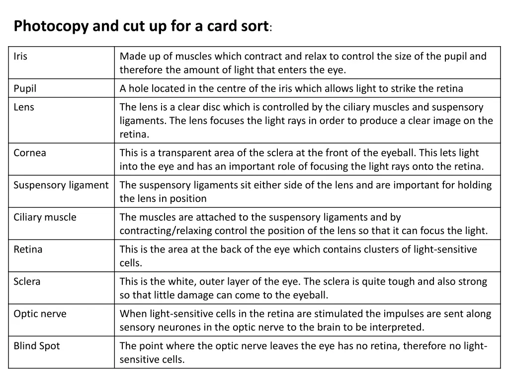 photocopy and cut up for a card sort