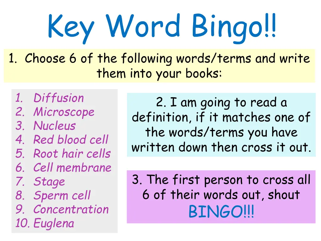 key word bingo 1 choose 6 of the following words