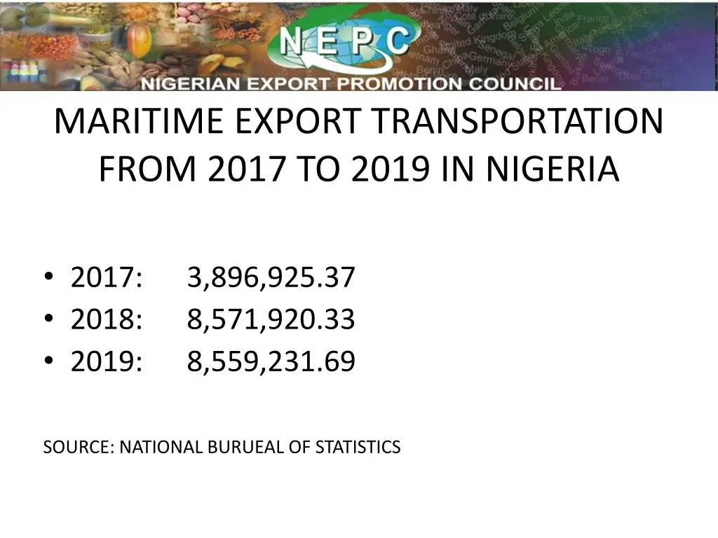 maritime export transportation from 2017 to 2019