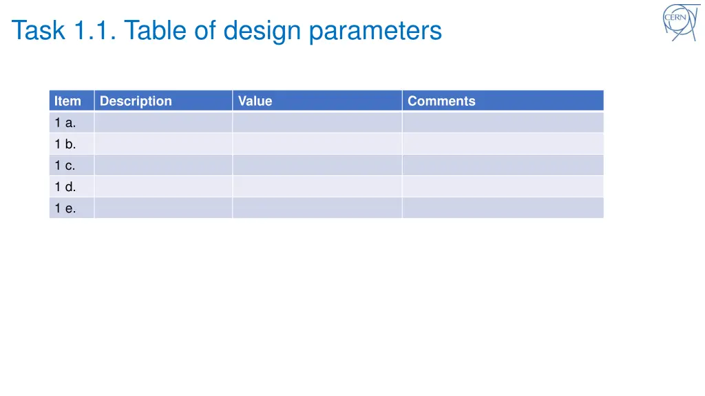 task 1 1 table of design parameters