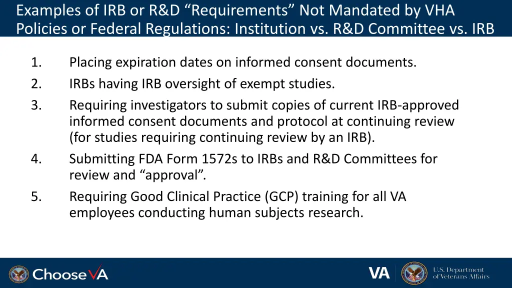 examples of irb or r d requirements not mandated