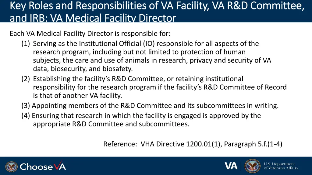 key roles and responsibilities of va facility