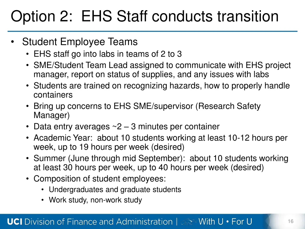 option 2 ehs staff conducts transition