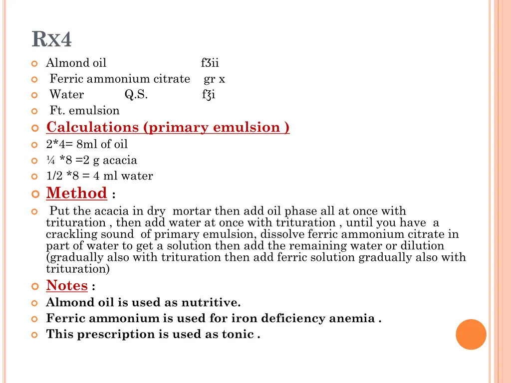 r x 4 almond oil f ii ferric ammonium citrate