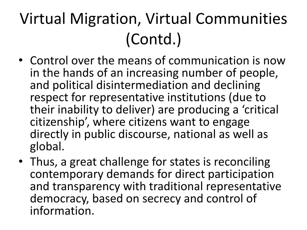 virtual migration virtual communities contd