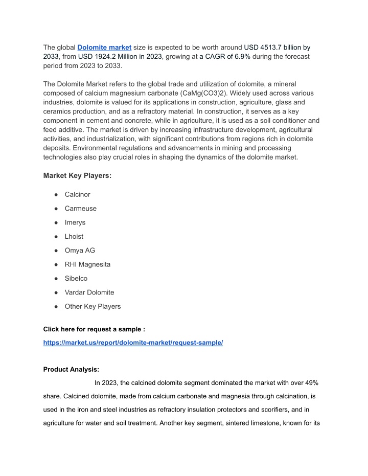 the global dolomite market size is expected