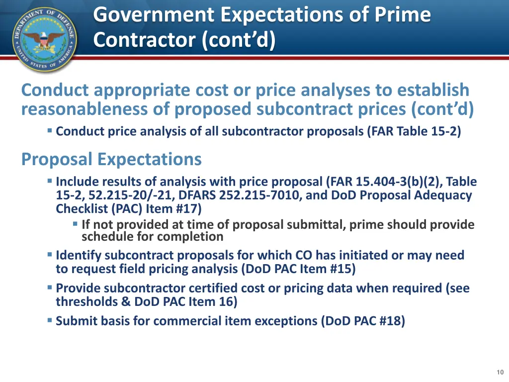 government expectations of prime contractor cont d 1