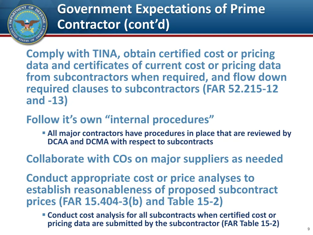 government expectations of prime contractor cont d