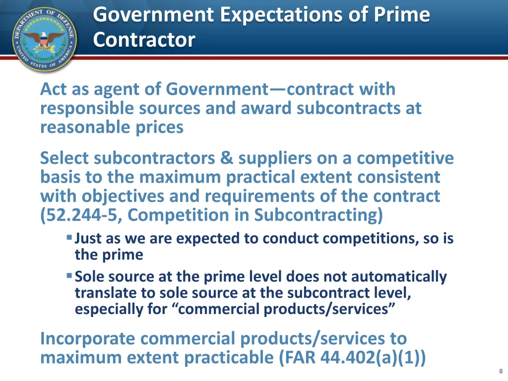 government expectations of prime contractor