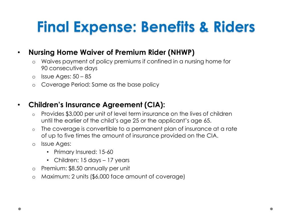 final expense benefits riders 1