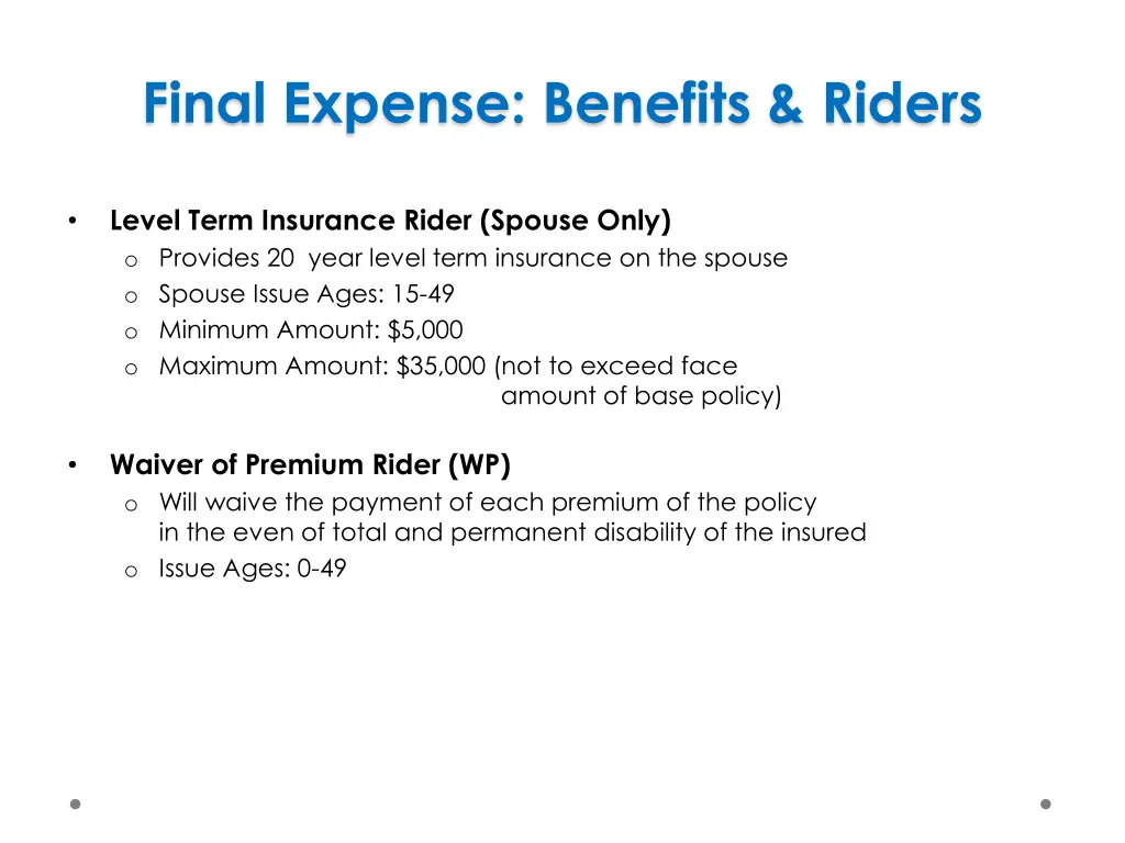 final expense benefits riders 2