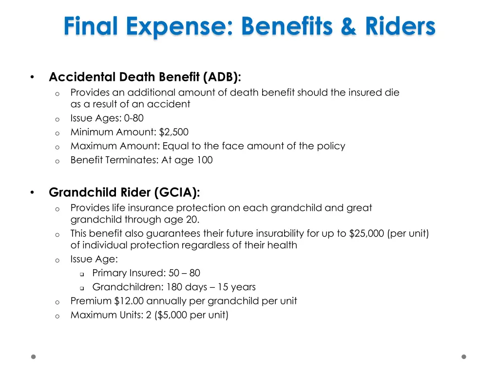 final expense benefits riders