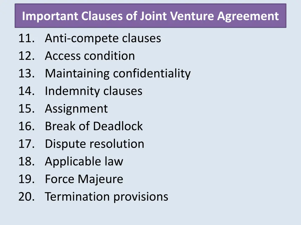 important clauses of joint venture agreement 1