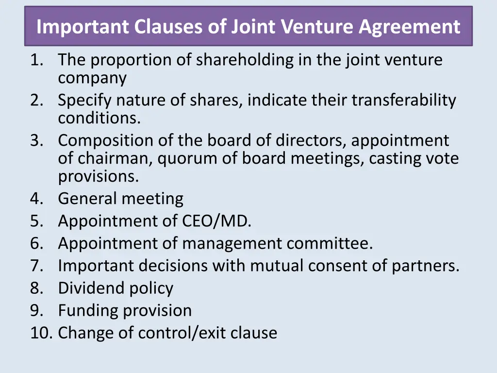 important clauses of joint venture agreement