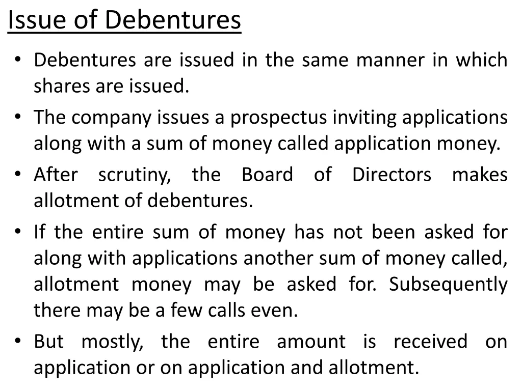 issue of debentures