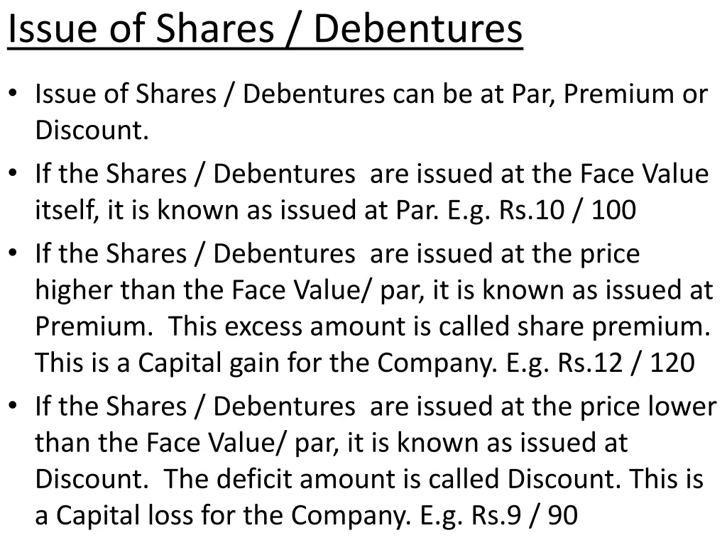 issue of shares debentures