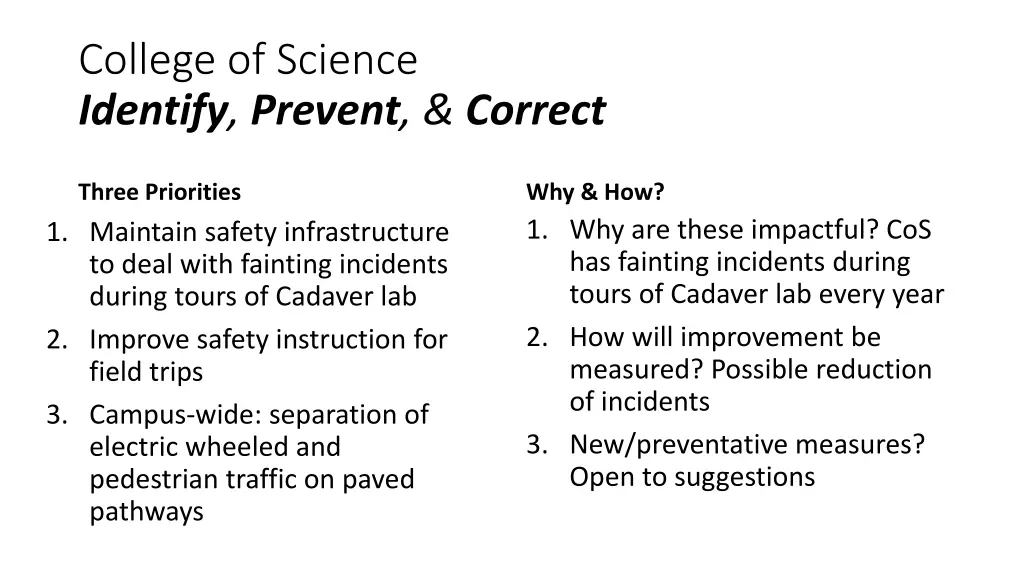 college of science identify prevent correct