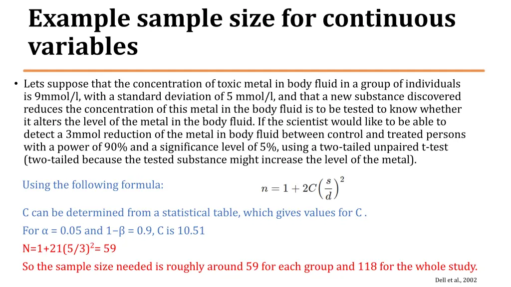 example sample size for continuous variables