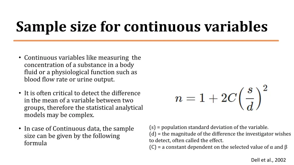 sample size for continuous variables