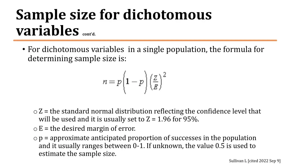 sample size for dichotomous variables cont d