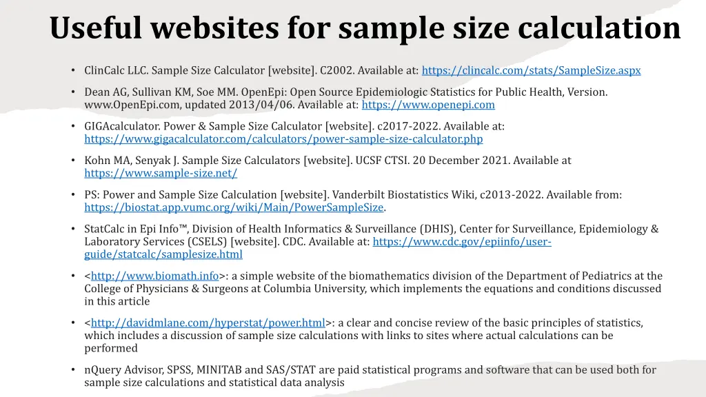 useful websites for sample size calculation