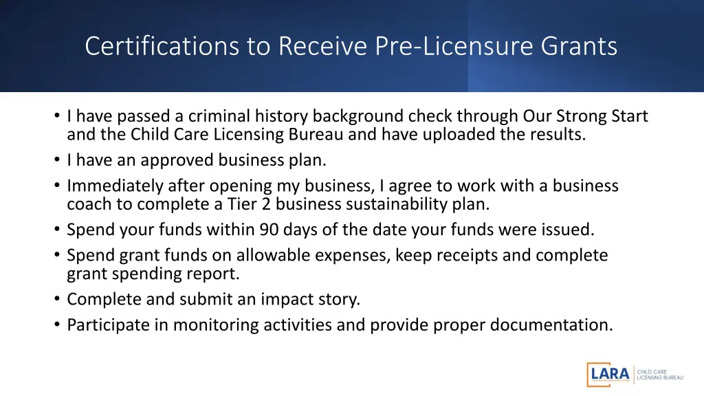 certifications to receive pre licensure grants