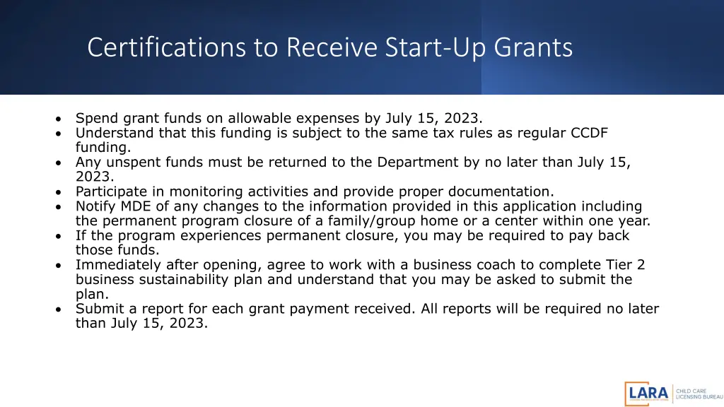 certifications to receive start up grants