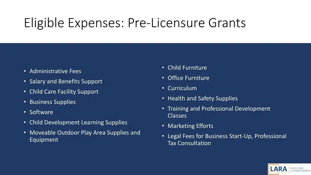 eligible expenses pre licensure grants