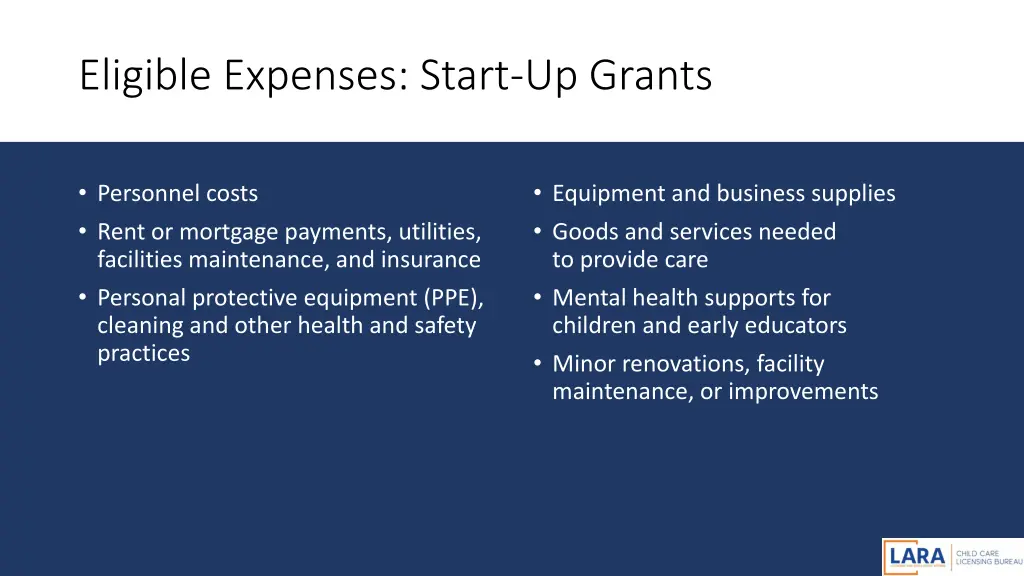 eligible expenses start up grants