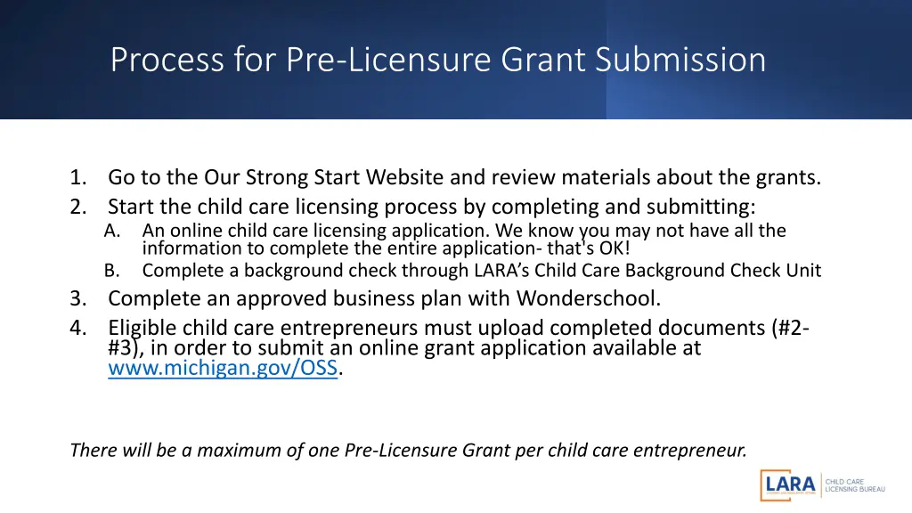 process for pre licensure grant submission