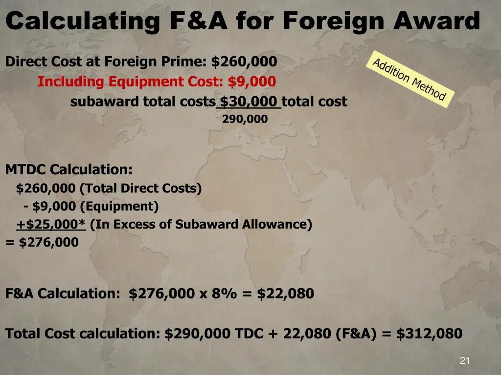 calculating f a for foreign award 1