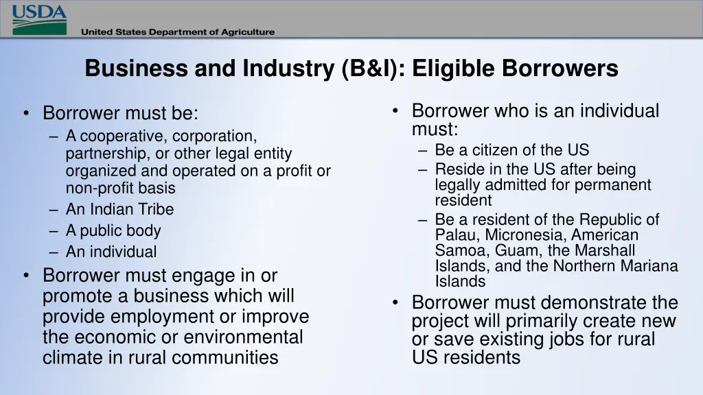 business and industry b i eligible borrowers