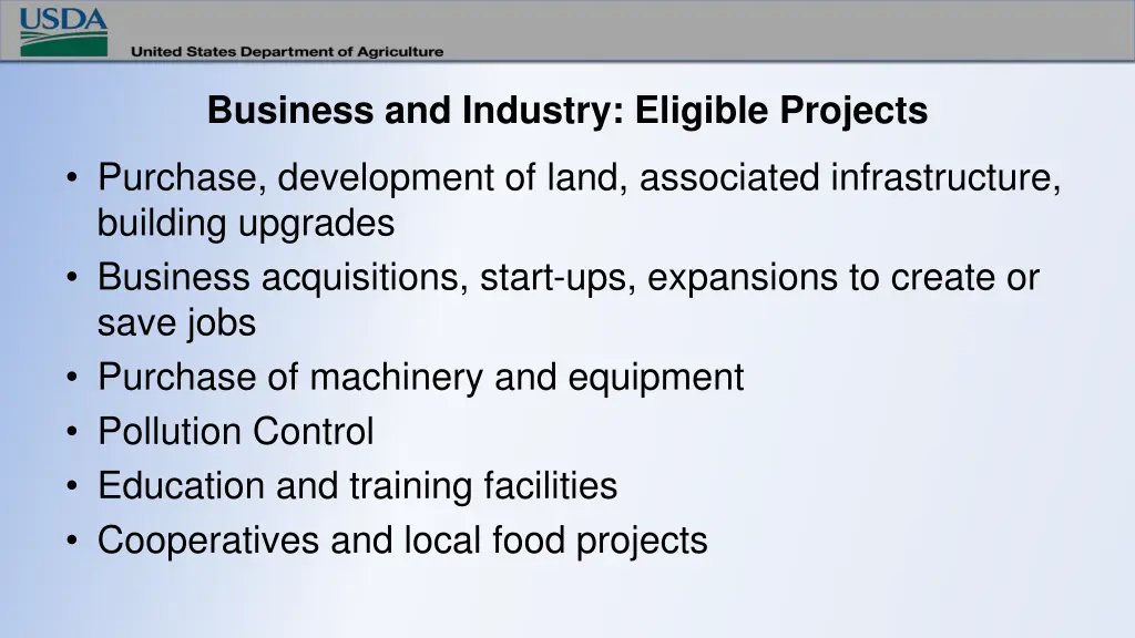 business and industry eligible projects