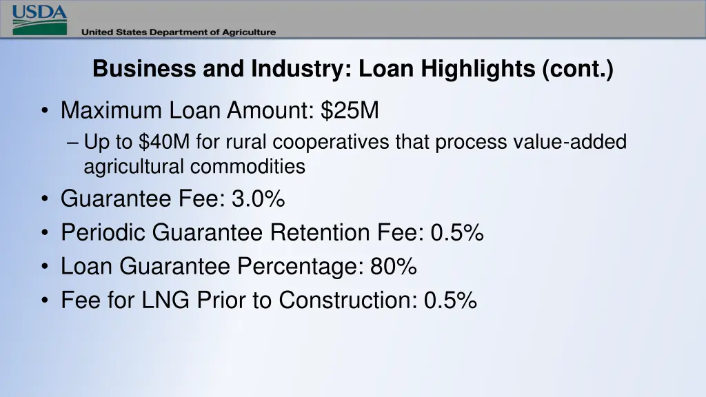 business and industry loan highlights cont