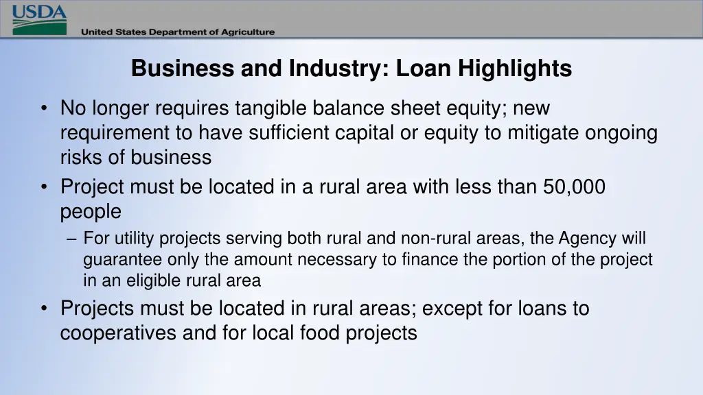 business and industry loan highlights