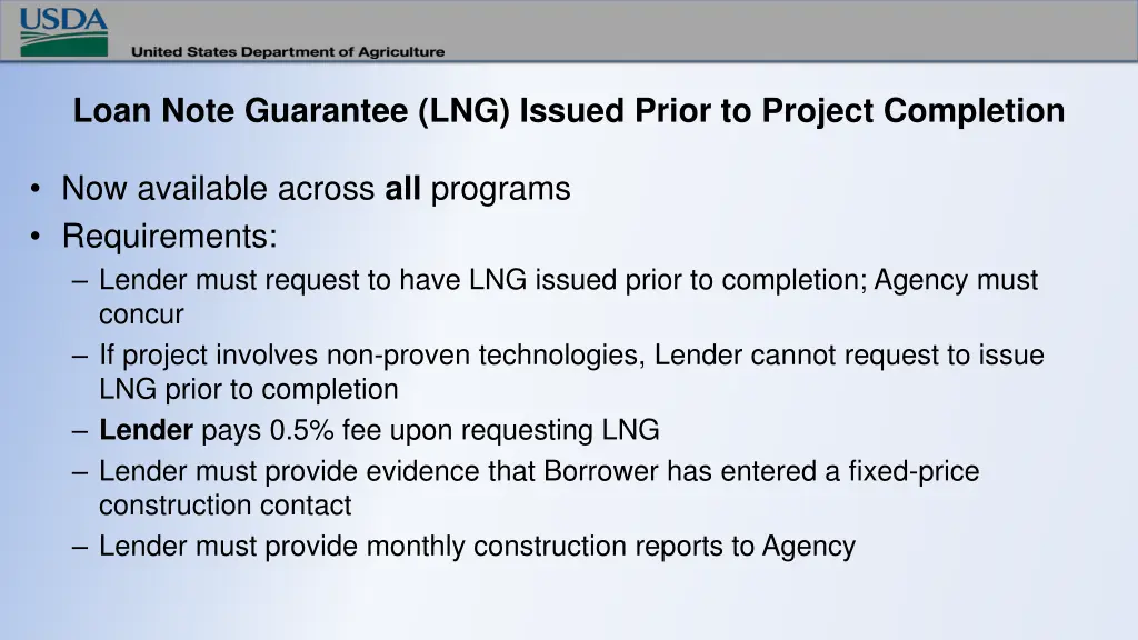 loan note guarantee lng issued prior to project