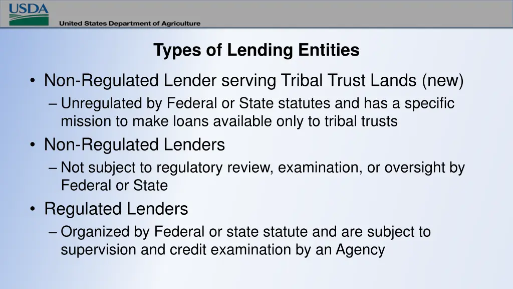 types of lending entities